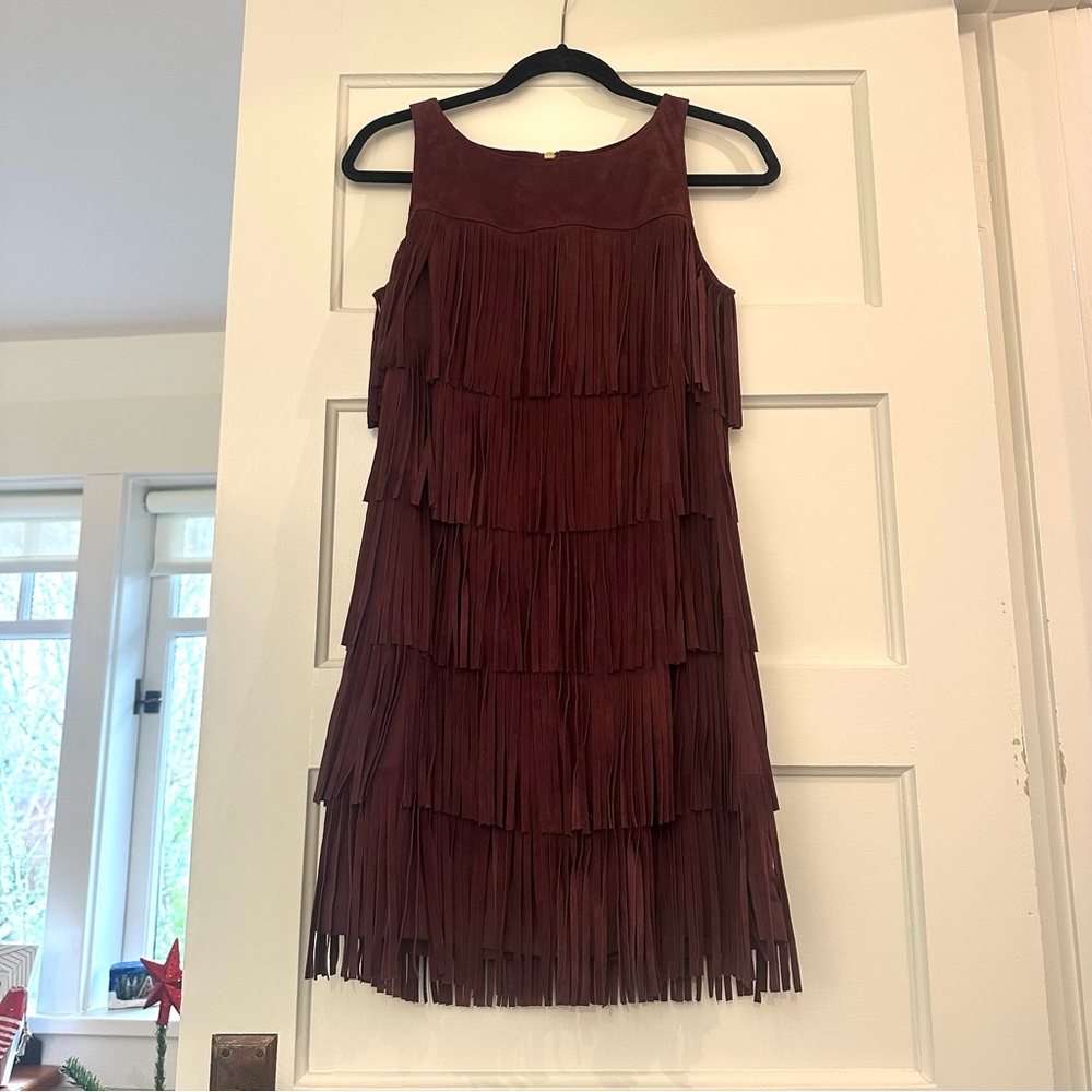 Olivia Palermo+Chelsea 28 Fringe Suede Leather Mini Dress XS Burgundy/Wine EUC - Picture 13 of 13